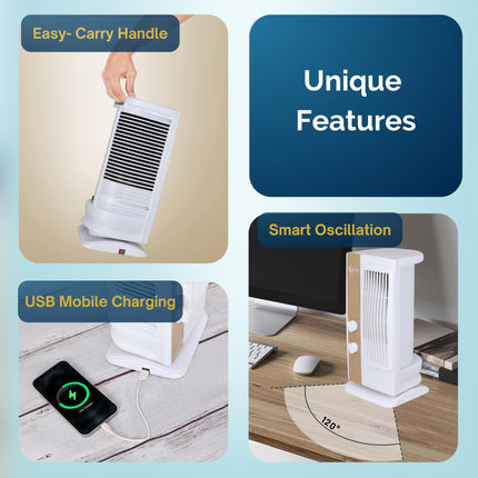 Ekvira High Speed Fan | High-Speed, Small, Compact, Portable 120° Wide Oscillation for Home, Kitchen, Office |1.2ft Height | Without Water | Includes USB Mobile Charger -White 