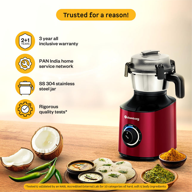 Atomberg Zenova Mixer Grinder | Unique Coarse Mode for Silbatta-like Texture | Intelligent BLDC Motor | Safety Features | 4 Jars including Chopper | Hands-Free Operation (Red Wine) 