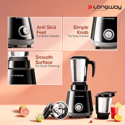 Longway Super Pro 750 Watt Juicer Mixer Grinder with 4 Jars for Grinding, Mixing, Juicing with Powerful Motor | 2 Year Warranty | (Black, 4 Jars) 