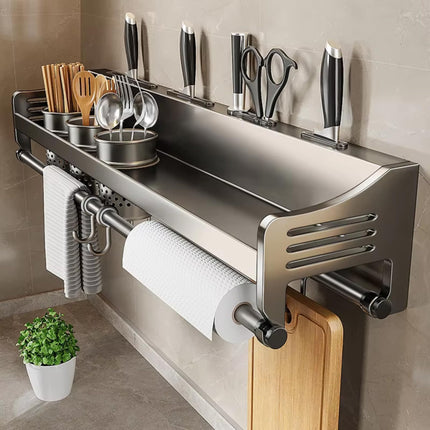 HomeEssentials Wall Mounted Kitchen Rack - Shelf for Kitchen / 2 Plastic Cutlery Boxes/Cup Holders, Spatula, Spoon, Ladle Hangers/Stand with Hooks for Accessories Storage (50x12 CM) 