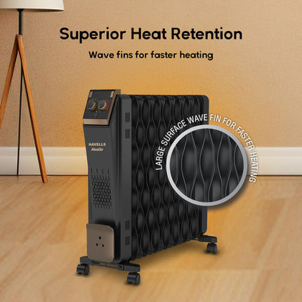 Havells Hestio 15 Wave Fin OFR (Oil Filled Radiator)|Room Heater|2900 W|3 Heat Settings & PTC Fan Heater|Inclined Control Panel|Retractable Wheels| Comfortable Breathing|360° Heating (Black) 