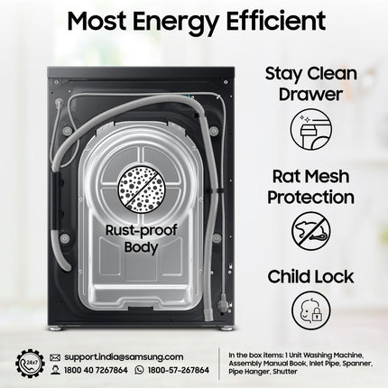 Samsung 12 kg, 5 Star, AI Control, Super Speed, Wi-Fi, Hygiene Steam with Inbuilt Heater, Digital Inverter, Fully-Automatic Front Load Washing Machine (WW12DB7B24GBTL, Black) 