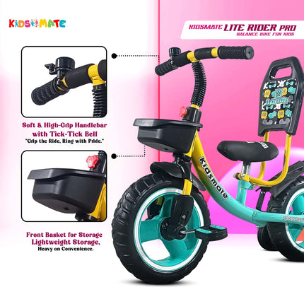 Kidsmate Lite Rider Pro Balance Cycle for Kids - Kids Cycle with Adjustable Seat & Backrest | Bell with Durable Training Wheels & EVA Tires | Baby Balance Bike Perfect for Ages 1-4Y (Sea Green) 