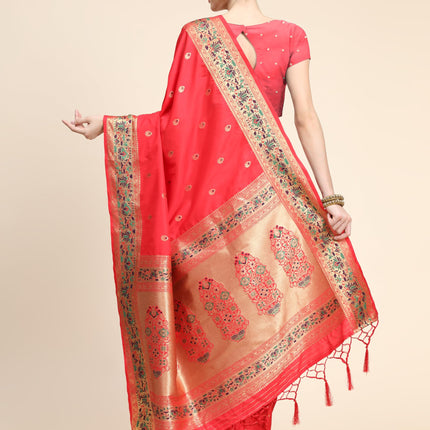 SGF11 Women's Kanjivaram Paithani Soft Lichi Silk Sarees With Blouse Piece (Red) 