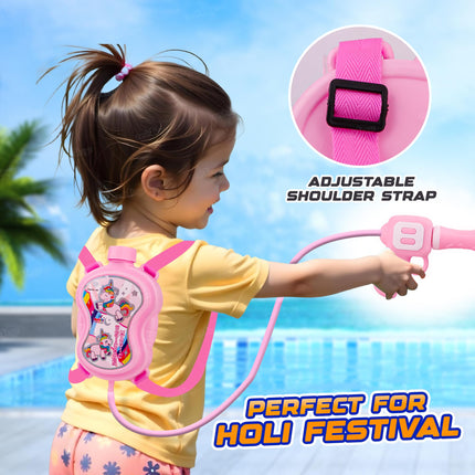 Zest 4 Toyz Holi Water Pichkari for Kids Unicorn Back Holding Tank Water Gun with 100 Water Balloons and Herbal Gulal for Holi Celebration 