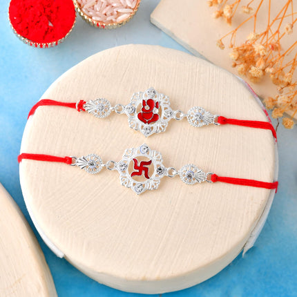CraftVatika Silver Rakhi for Brother Bhaiya - Rakhi Set of 2, Ganesha Rakhis for Rakshabandhan, Silver Raki for Brother Boy Men Kids, Rakshasutra Thread for Bhai 