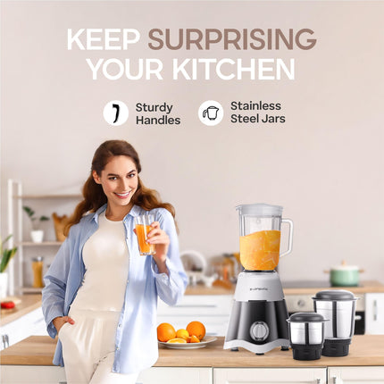 Longway Super Dlx 750 Watt Juicer Mixer Grinder with 4 Jars for Grinding, Mixing, Juicing with Powerful Motor | 2 Year Warranty | (Black & Gray, 4 Jars) 