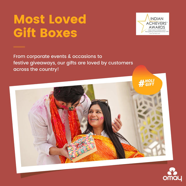 Omay Foods 6 pcs_ HOLI CELEBRATIONS Gift Box | Festive Holi Gift Hamper with Herbal Gulal, Roasted Healthy Snacks & Thandai | Premium Holi Gift for Clients, Employees & Friends | Corporate Holi Gift Box | Special Holi Celebration Pack | Gourmet Festive Gi 