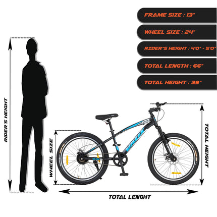 Vaux Blaze 24inch Cycle for Boys & Girls with Disc Brakes, Single Speed MTB Cycle with Front Suspension, Alloy Rims,24x2.40inch Fat Tyre, Bicycle for Boys 10 to 15 Years & Ideal Height 4ft+ (Black) 