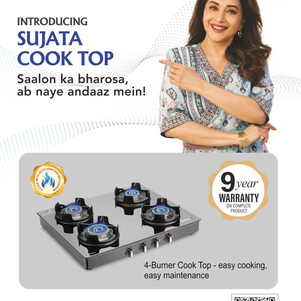 Sujata Deluxe Auto Ignition Gas Stove | 9 Years Warranty | Gas Stove 4 Burners Glass Top, 4 Burner Stove, SABAF, ISI Certified, LPG & PNG Compatible, Jumbo Brass Burner (Black) 