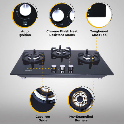 Whirlpool Hob 3 Burner Auto Ignition Gas Stove (Glass Ceramic, Elite Hybrid 703 Mt Gas Hob), Black 