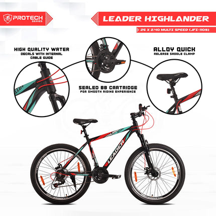 Leader Highlander 26T 21-Speed Alloy MTB Cycle| Free Pan India Installation | Dual Disc Brake and Front Suspension Ideal for 12+ Years 