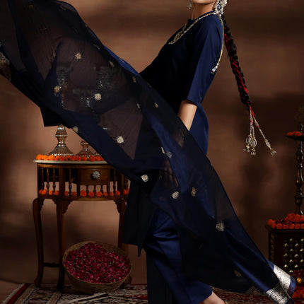 Libas Women's Silk Blend Kurta Set (39041_Navy Blue 