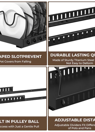 Livzing Pan & Pot Organizer Rack for Cabinet - Stainless Steel Adjustable Sliding Kitchen Rack for Frying Pan, Plate, Lids - Under Cabinet Storage for Modular Kitchen - Expandable Cookware Organizer