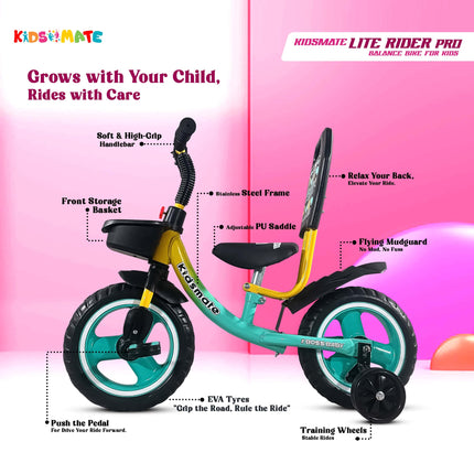 Kidsmate Lite Rider Pro Balance Cycle for Kids - Kids Cycle with Adjustable Seat & Backrest | Bell with Durable Training Wheels & EVA Tires | Baby Balance Bike Perfect for Ages 1-4Y (Sea Green) 