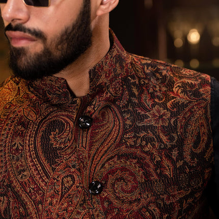 Pashtush Mens Woven Jacquard Structured Waistcoat, Slim Fit, Royal Black (38 - S)