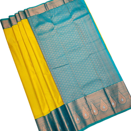 Women Kanchipuram Pure Silk Saree Original Golden Zari Intricate Jacquard Weaves Traditional Rich Zari Border & Contrast Zari Rich Pallu(Yellow)-Silk Mark 