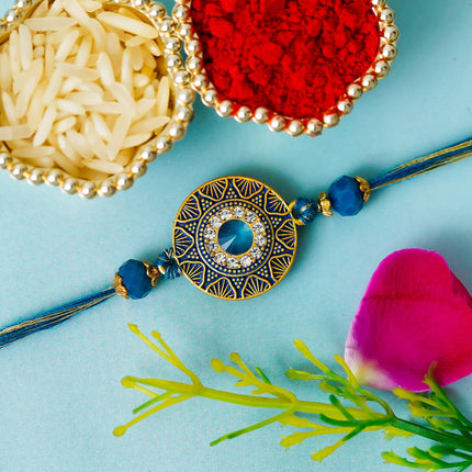 eCraftIndia Golden Blue Beads Diamond Designer Rakhi for Brother | Raksha Bandhan Rakhi for Bhaiya Bhabhi Bhai Kids | Best Bro Ever Fridge Magnet | Roli Chawal Pack 