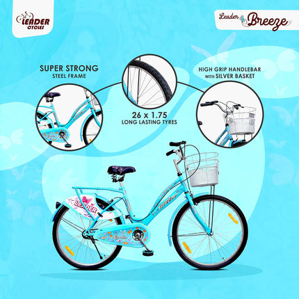 Leader Lady Star Breeze 26T Bicycle for Girls/Women with Front Basket and Integrated Carrier | Ideal for 12 + Years (Frame: 18 Inches) (26, Aqua Blue) 