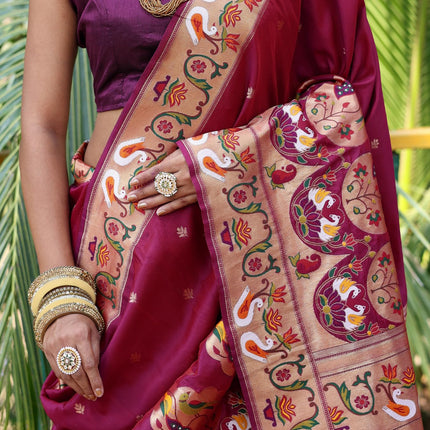 SGF11 Women's Kanjivaram Paithani Silk Saree Pure Golden Zari With Blouse Piece(Rani Pink) 