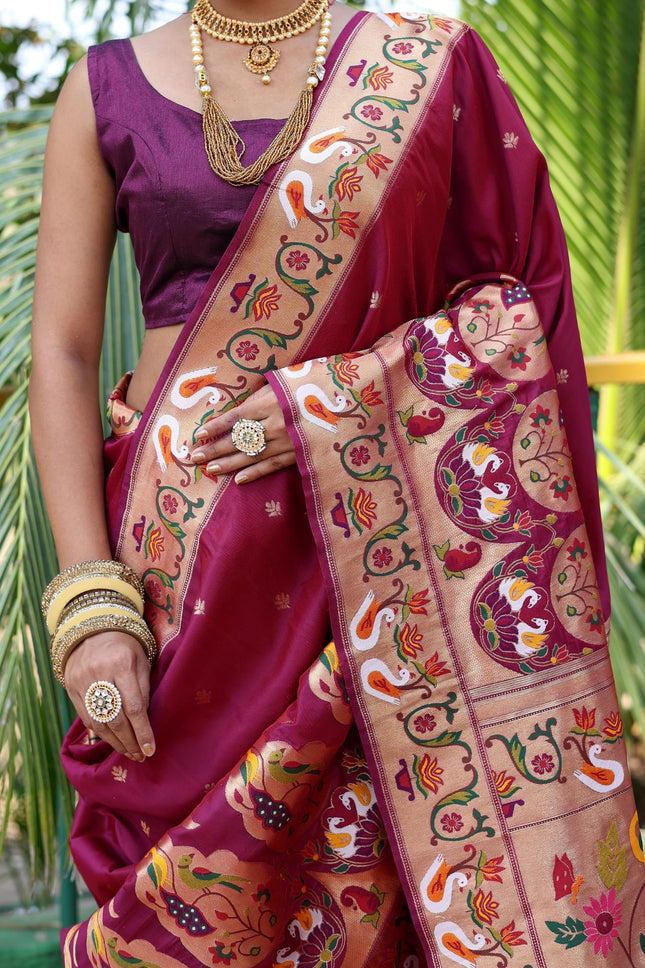 SGF11 Women's Kanjivaram Paithani Silk Saree Pure Golden Zari With Blouse Piece(Rani Pink) 