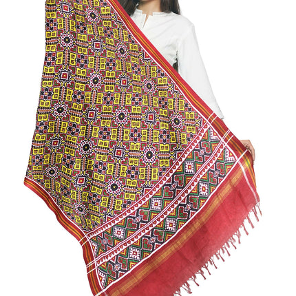 Garvi Gurjari Yellow and Maroon Handwoven Double Ikat Silk Dupatta | Handloom Dupatta | Patan Patola | Length 2.5mtr 