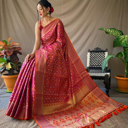 SGF11 Women's Kanjivaram patola Soft Lichi Silk Sarees With Unstitched Blouse Piece (Wine/Orange) 