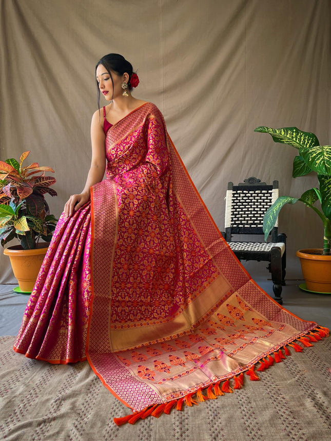 SGF11 Women's Kanjivaram patola Soft Lichi Silk Sarees With Unstitched Blouse Piece (Wine/Orange) 