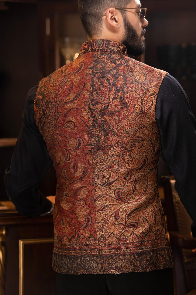 Pashtush Mens Woven Jacquard Structured Waistcoat, Slim Fit, Royal Black (38 - S)