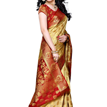 MIMOSA Women's Traditional Art Silk Saree Kanjivaram Style With Blouse Color:Chiku(3299-224-CKU-MRN) 