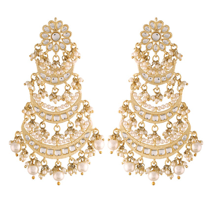 I Jewels 18k Gold Plated 3 Layered Beaded Chandbali Earrings with Kundan and Pearl Work for Women (E2859) 