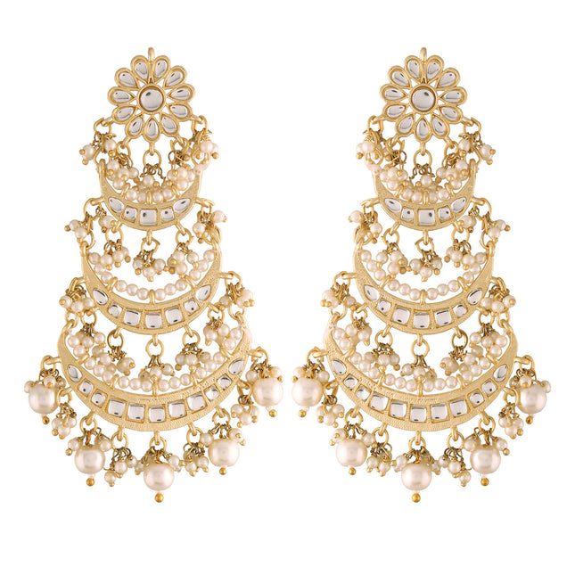 I Jewels 18k Gold Plated 3 Layered Beaded Chandbali Earrings with Kundan and Pearl Work for Women (E2859) 