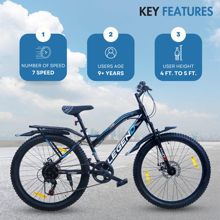 EAST COAST Legend 7 Speed Cycle/Bicycle for Kids Boys & Girls | 24T Mountain Bike/Mountain Cycle Without Carrier, 17 Inch Frame, Disc Brake Ideal for 9-15 Years (Black) - Front 