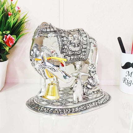 Kamdhenu Cow,Calf with Bal Gopal Krishna Metal Statue for Good Luck,Feng Shui As Table Top Figurine,Vastu,Religious Gau MATA Idol Home,Office&Table Decorative,Animal 