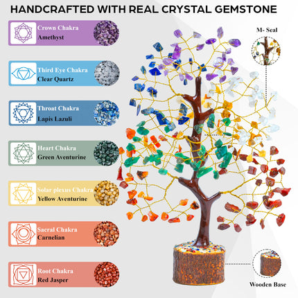 HindCraft Chakra Tree for Positive Energy - Crystal & Healing Stones Feng Shui Seven Chakra Tree of Life Decor - Perfect Rakhi Gift for Brothers & Sisters - 7 Chakra Tree, 200 Beads, 8-10" 