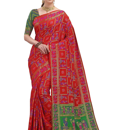 EthnicJunction Women's Double Ikat Patola Silk Woven Saree Woth Blouse Piece (Red and Green) 