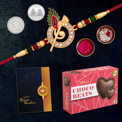 Oblivion Rakhi Combo Gift For Brother With Center Filled Chocolate |Golden Color Rakhi| Rakhi Gift For Brother/Sister| Rakkhi For Men | Rakhi Set Of 1| With Greeting Card,Roli-Chaval,Coin(K1_703_Cb32) 