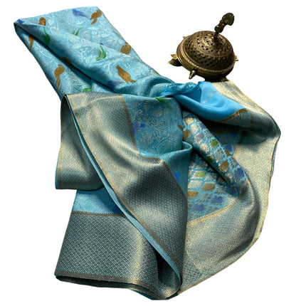 Pure Brocade Mysore Silk Sarees, Jacquard Blouse, Parrots Design, Blue Saree 