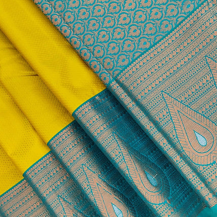 Women Kanchipuram Pure Silk Saree Original Golden Zari Intricate Jacquard Weaves Traditional Rich Zari Border & Contrast Zari Rich Pallu(Yellow)-Silk Mark 