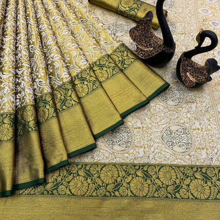 ZECVA Women's Pure Kanchipuram Kanjivaram Silk Saree For Women With Zari Weaving All Over Saree Attach With Unstitch Blouse Piece (GREEN) 
