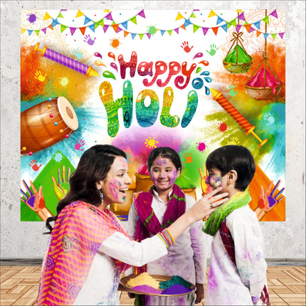 Party Baazaar Happy Holi Party Backdrop Indian Festival Photography Background Festival of Colors Party Decoration Supplies Photo Booth Banner (Pack of 1, Multicolor, Size: 5x4 Feet) 