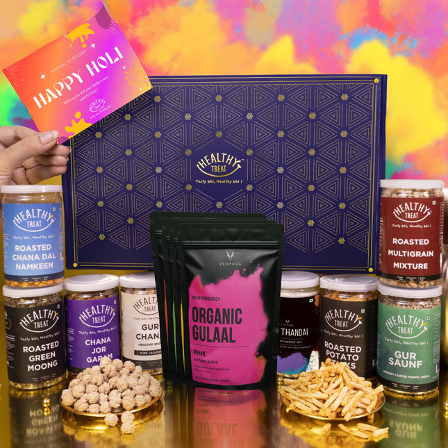 Healthy Treat Khushiyan Holi Gift Hamper | Holi Gift with Roasted Healthy Snacks, Thandai Mix, Herbal Gulal & Holi Card | Holi Gifts | Holi Thandai & Herbal Gulal Gift Box | Holi Gifts For Family and Friends | Wholesome Corporate Gifting 