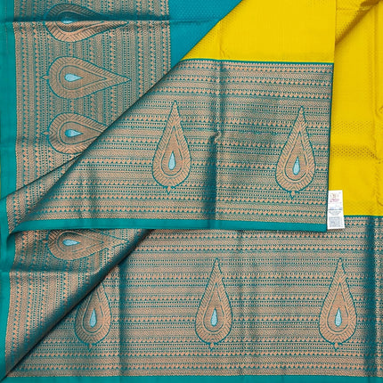 Women Kanchipuram Pure Silk Saree Original Golden Zari Intricate Jacquard Weaves Traditional Rich Zari Border & Contrast Zari Rich Pallu(Yellow)-Silk Mark 