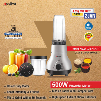 ACTIVA Easy Mix Nutri 2 Jar Mixer Grinder for Smoothies, Chutney & Shakes, Long Lasting Shock Proof Abs Body, Powerful 500 Watt Heavy Duty Motor With Nano Grinding Technology, 2 Years warranty-Black 