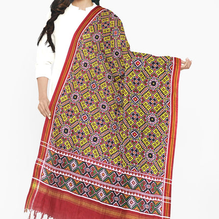 Garvi Gurjari Yellow and Maroon Handwoven Double Ikat Silk Dupatta | Handloom Dupatta | Patan Patola | Length 2.5mtr 