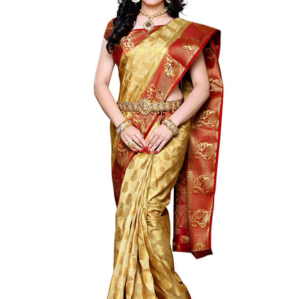 MIMOSA Women's Traditional Art Silk Saree Kanjivaram Style With Blouse Color:Chiku(3299-224-CKU-MRN) 