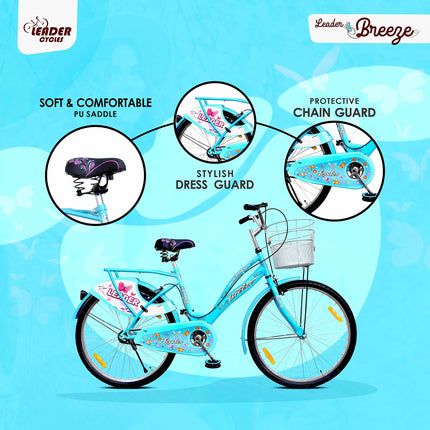 Leader Lady Star Breeze 26T Bicycle for Girls/Women with Front Basket and Integrated Carrier | Ideal for 12 + Years (Frame: 18 Inches) (26, Aqua Blue) 