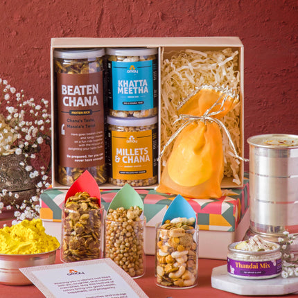 Omay Foods 6 pcs_ HOLI CELEBRATIONS Gift Box | Festive Holi Gift Hamper with Herbal Gulal, Roasted Healthy Snacks & Thandai | Premium Holi Gift for Clients, Employees & Friends | Corporate Holi Gift Box | Special Holi Celebration Pack | Gourmet Festive Gi 