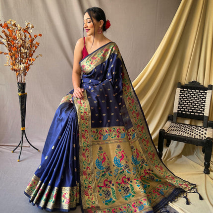 SGF11 Women's Paithani Soft Lichi Silk Kanjivaram Sarees With Blouse Piece (Dark Blue) 