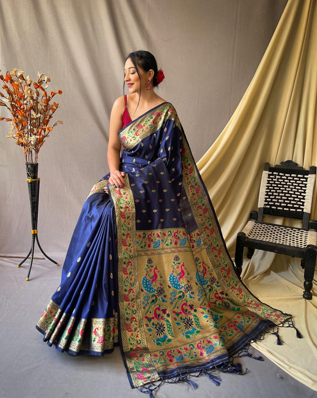SGF11 Women's Paithani Soft Lichi Silk Kanjivaram Sarees With Blouse Piece (Dark Blue) 